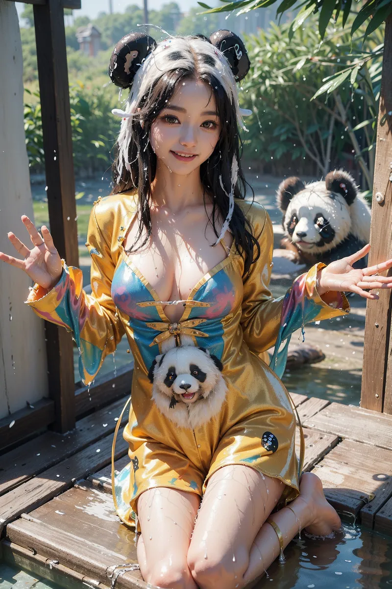 黄金色の和風衣装にパンダをあしらった美少女が、水辺のウッドデッキで爽やかな笑顔を見せています。背景には緑深い自然と親しげなパンダの姿が映り、陽光の中で輝く透明感溢れるポートレートです。