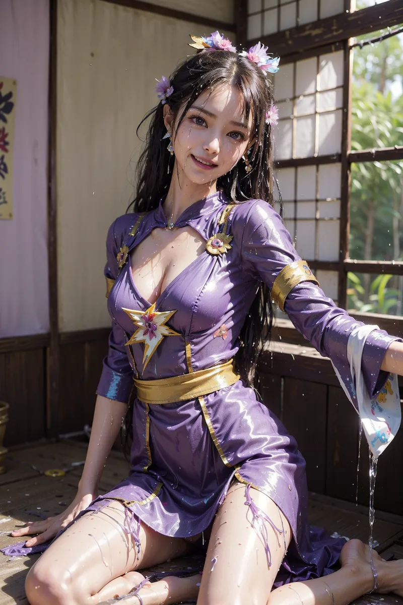 黒髪に花飾りを戻した美少女が、紫と金色の装飾が施された和風コスプレ衣装で優しく微笑んでいます。格子窓から差し込む自然光が肌を柔らかく照らし、古風な室内空間で幻想的な雰囲気を醸し出しています。