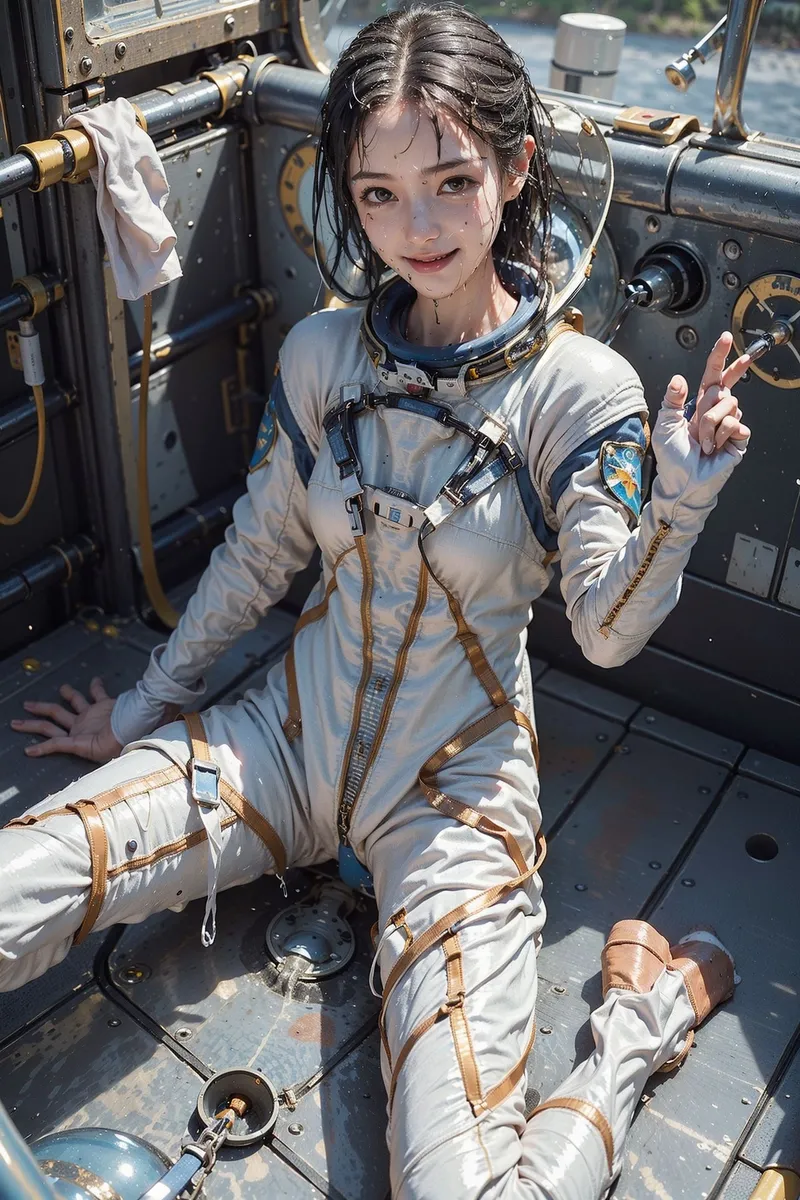 明るい日差しの中、白とベージュの宇宙服を身に着けた美少女が、ピースサインで楽しげに微笑んでいます。船内の精密機器背景と青い水面の奥行きが、冒険的な雰囲気を引き立てる一枚です。