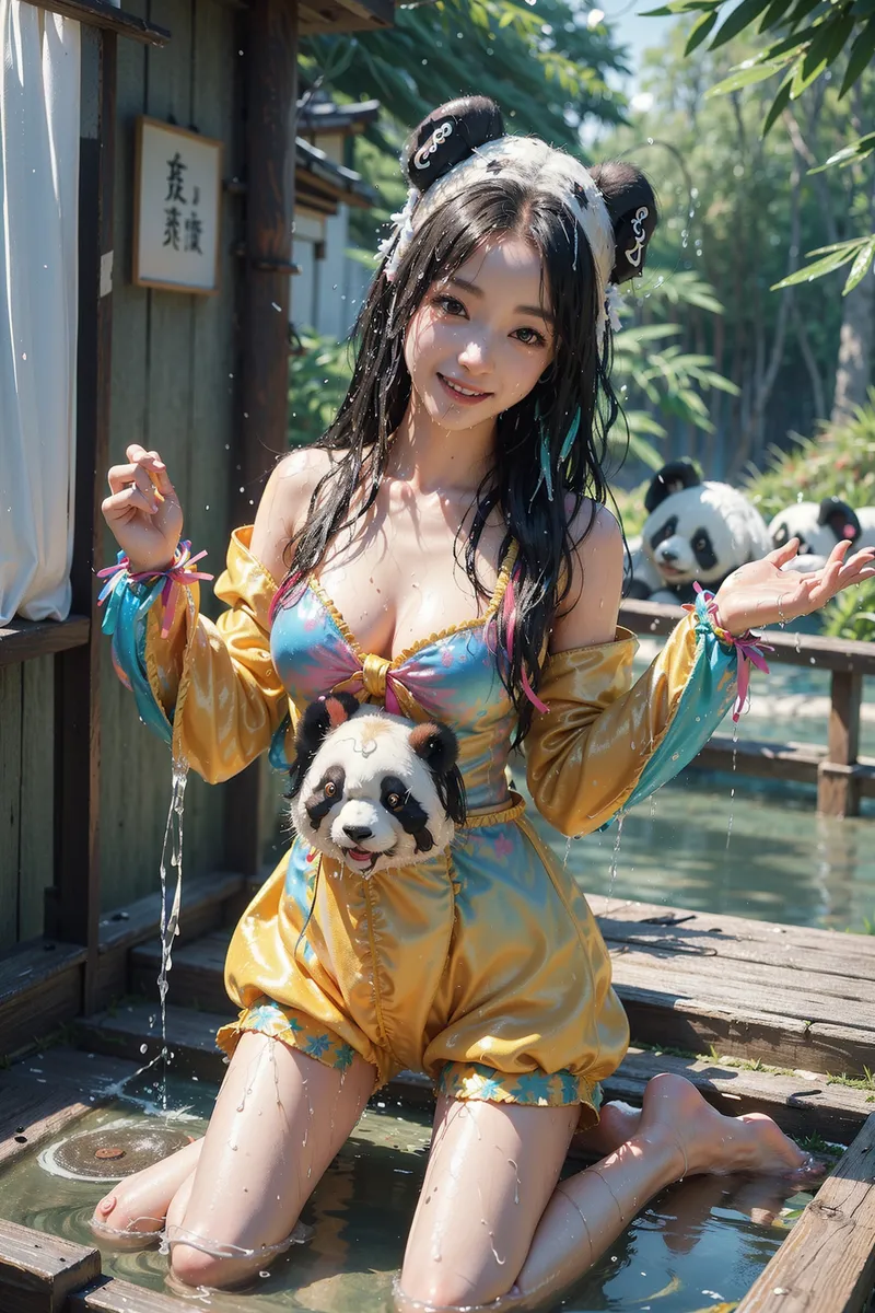竹林に囲まれた和風の庭園で、黄色と青の衣装を身に纏い、キャラクターパンダと戯れる美少女イラスト。爽やかな日中、水辺で輝く笑顔と優雅な構図が印象的です。