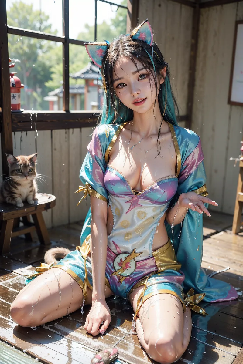 カラフルな和風衣装に身を包んだ美少女が、虹色に輝く猫耳アクセサリーを装着して微笑む。窓辺の和室で柔らかな日差しが差し込む、温かみのあるアニメ調イラストです。