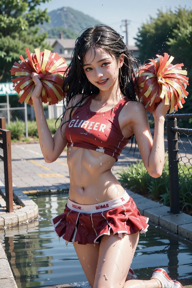 水辺の風景を背景に、赤とゴールドのポンポンを持つ少女が爽やかな笑顔を見せるアニメ調イラスト。晴天の下、山々を望む屋外で撮影された明るく活動的な夏のシーンです。