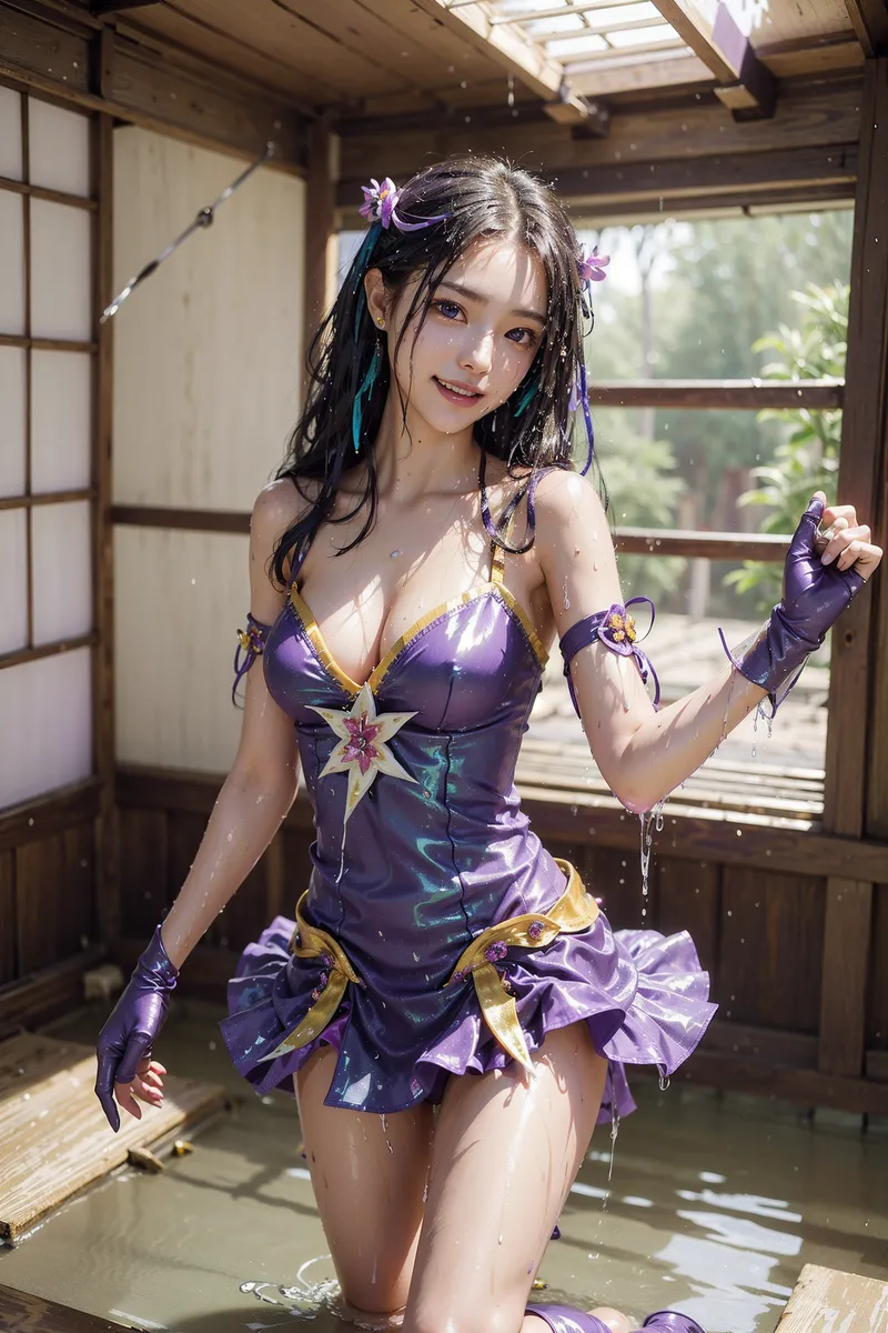紫と金色の装飾的なドレスを身に纏い、髪飾りと手袋で整えた美少女が、和風の建築空間で水のしぶきに包まれながら優美なポーズを見せるアニメ調イラストです。