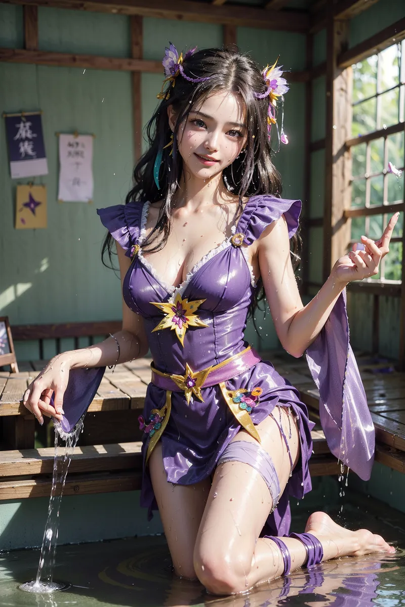 黒髪に紫の花飾りをあしらい、紫色の優雅な和装を身にまとった美少女が、緑壁の古民家で柔らかく微笑んでいます。窓から差す陽光と水のしぶきが幻想的な雰囲気を演出しています。