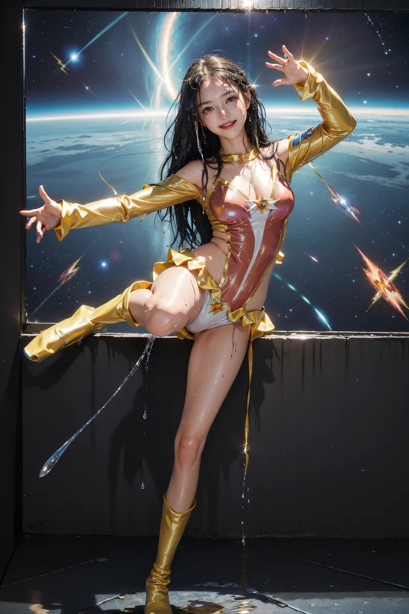 黒髪をなびかせながら、金色と赤のメタリックな衣装で元気いっぱいにダンスする美少女。惑星と光の効果が描かれた宇宙背景の中で、明るい笑顔で両腕を広げた躍動的なポーズが特徴です。