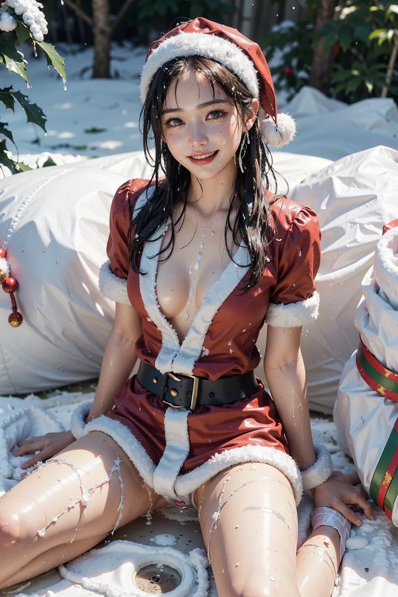 雪が積もる屋外で赤いサンタ衣装に身を包み、白いサンタ帽を被った美少女が優しく微笑んでいます。冬景色と落ちてくる雪が幻想的な雰囲気を演出する清楚なアニメ調ポートレートです。