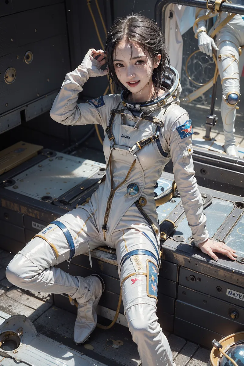 白と青のカラーリングが施された本格的な宇宙服に身を包んだ少女が、宇宙ステーション内で笑顔を見せています。ヘルメットを片手に優雅に髪を整える仕草が、未来的な世界観の中にもやさしさを感じさせる一枚です。