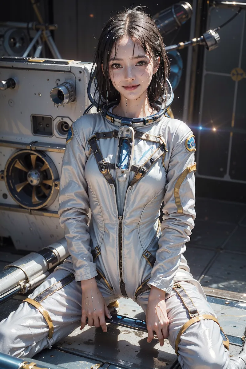 白とブルーのカラーリングが特徴的な宇宙服を身に纏った少女が、宇宙ステーションの機材に囲まれた環境で微笑んでいます。艶やかな黒髪と柔らかい表情が、未来的な背景と調和した幻想的な一枚です。