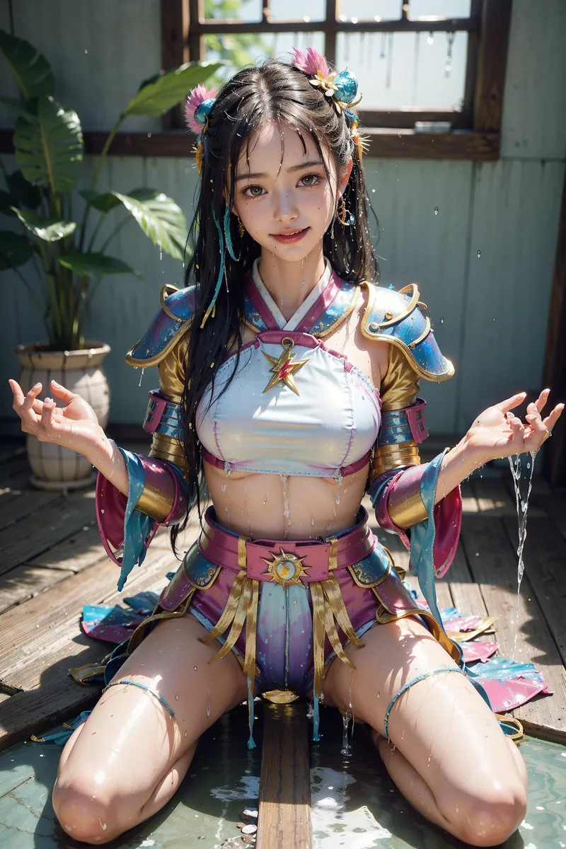 金と紫、青の装飾的な衣装に身を包み、髪に色とりどりの飾りをあしらった美少女のアニメ調イラストです。木造の室内で柔らかな日差しを受け、優雅な表情を浮かべています。