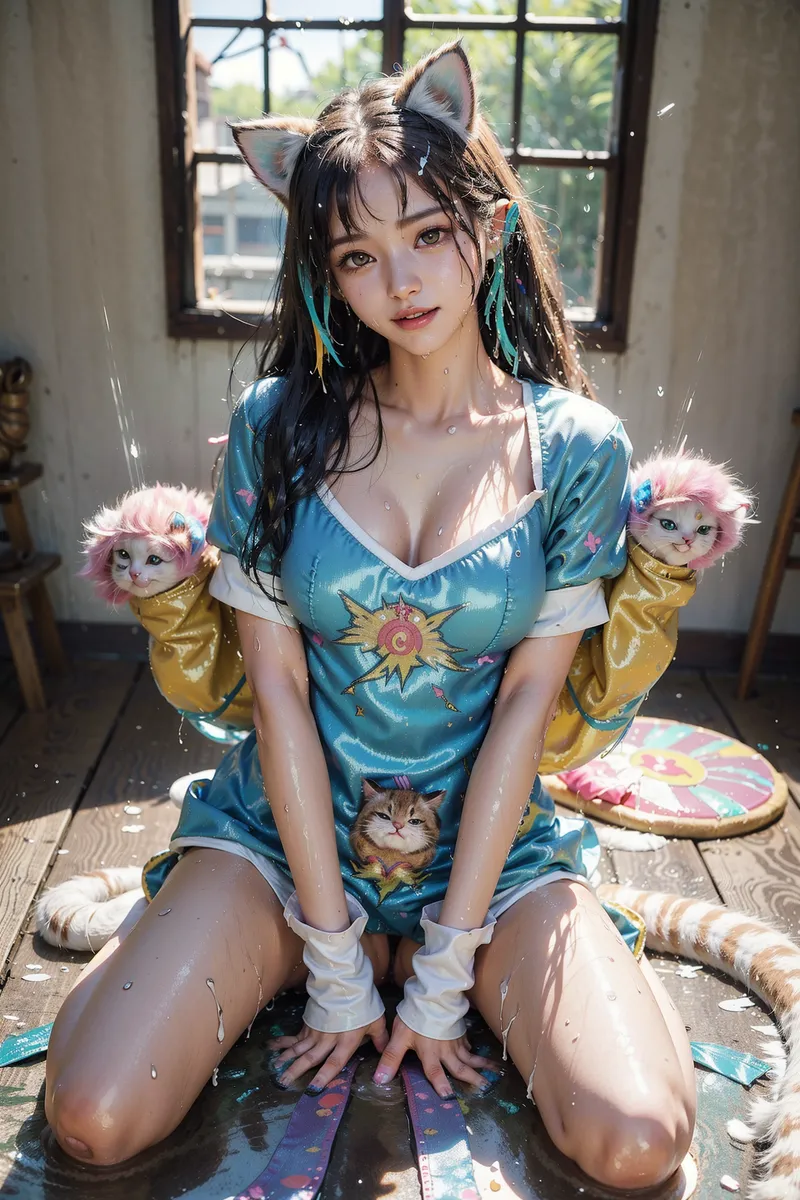 青と金色の衣装に身を包んだ美少女が、猫耳と色とりどりのヘアアクセサリーで装飾されたポートレート。窓からの自然光が柔らかく差し込む室内で、愛らしい表情を浮かべています。