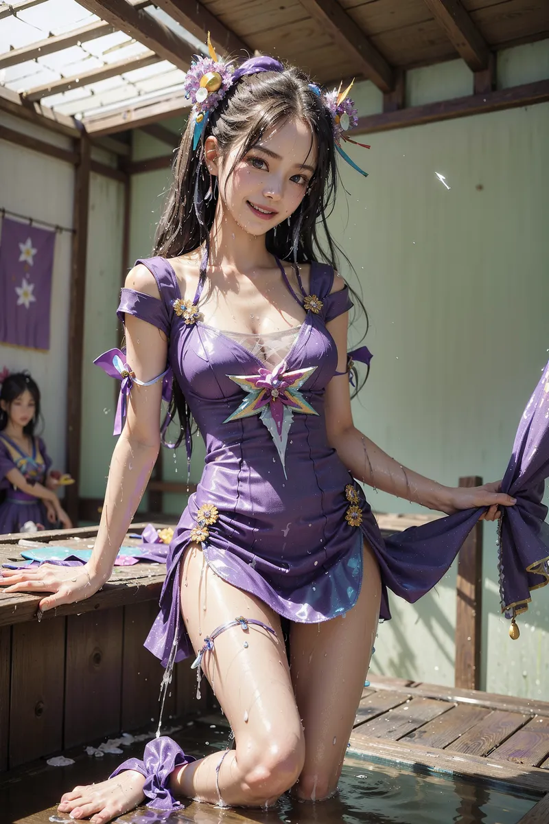 紫色の優雅なドレスに花飾りを身につけ、木造の縁側で静かに微笑む美少女のアニメ調イラストです。柔らかい日差しが差し込む空間で、繊細な表情と華やかな装いが調和した一枚。