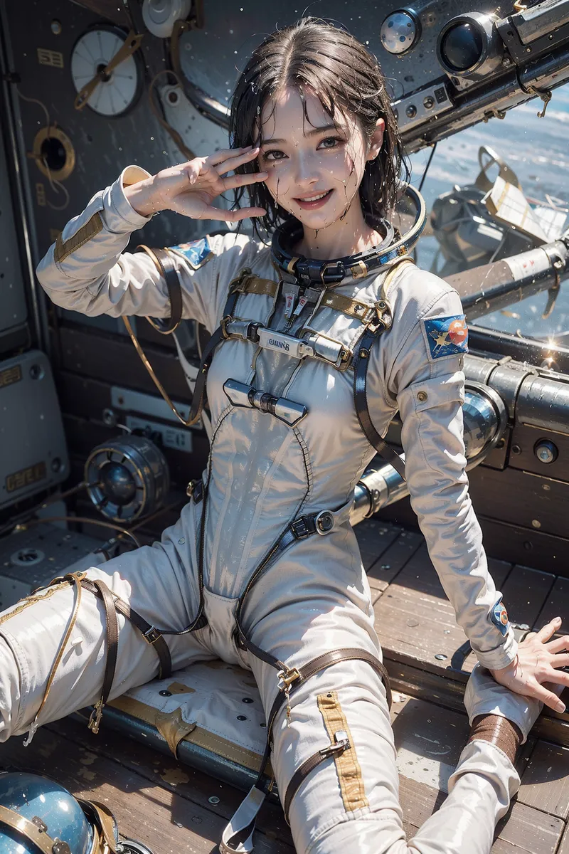 白い宇宙服を身にまとった美少女が、宇宙船内で楽しげに笑顔を見せるアニメ調イラストです。複雑な計器類が配置された背景と地球を望む窓からの光が、SF的な世界観を演出しています。