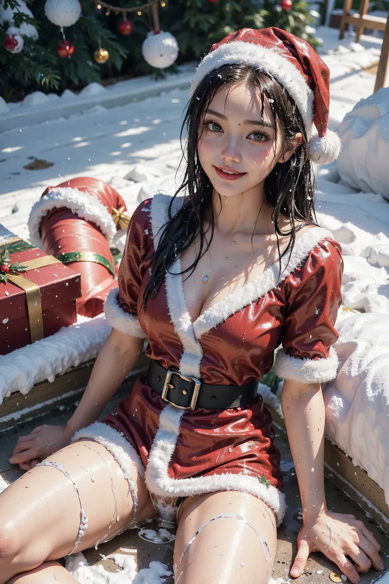真っ白な雪に覆われた屋外で、赤いサンタクロース衣装を身にまとった美少女のポートレートです。黒髪にサンタ帽を合わせ、柔らかな日差しの中で微笑む表情が印象的。クリスマスの飾りや贈り物が彩る冬の風景に溶け込んでいます。