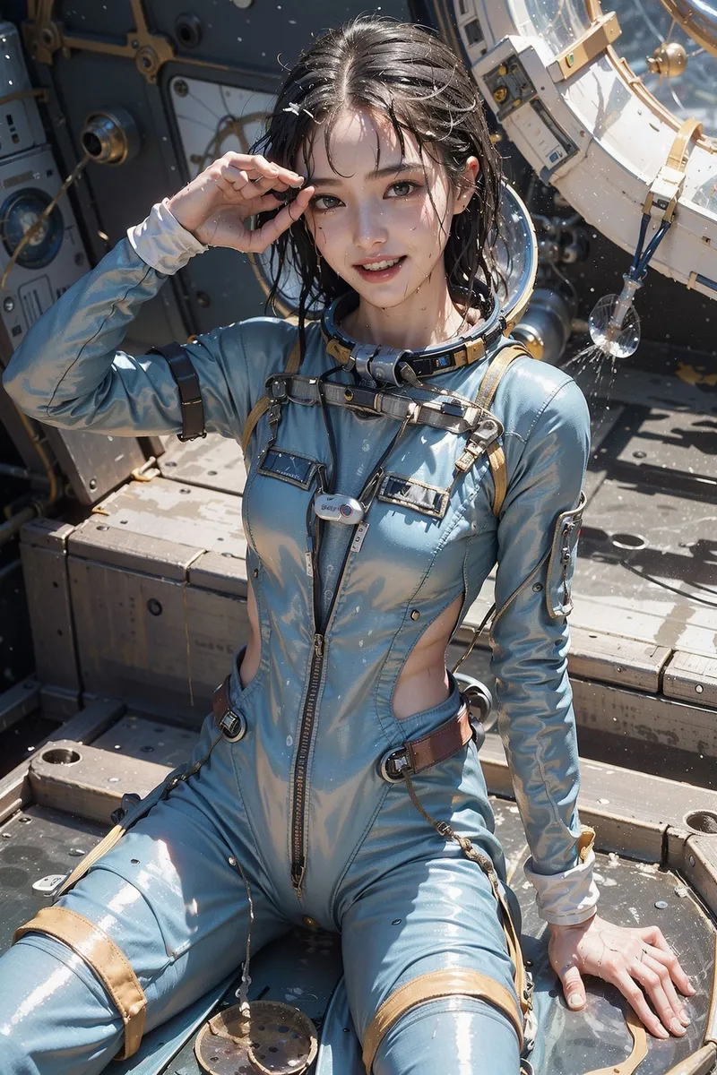 青いスペーススーツを着た美少女が宇宙船のコックピット内で微笑んでいます。ヘルメットを手に持ち、窓からの光が輝く髪を照らす、リアルなSF設定のアニメ調イラストです。