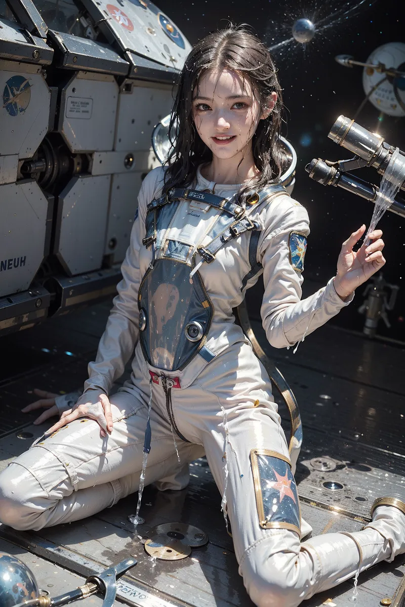 宇宙ステーションの船外活動中、白いスーツに身を包んだ美少女が爽やかな笑顔を浮かべています。編み込まれた黒髪とアニメ調の繊細な表情、背後に広がる宇宙機器と星空の光景が印象的なSF宇宙イラストです。