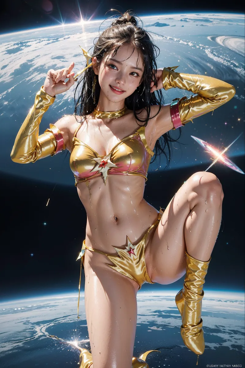 地球を俯瞰する宇宙空間で、金色と紫色のメタリックな衣装を身に着けた少女が明るく笑顔で佇んでいます。黒髪をアップスタイルにまとめ、星々が瞬く背景との対比が印象的なアニメ調イラストです。