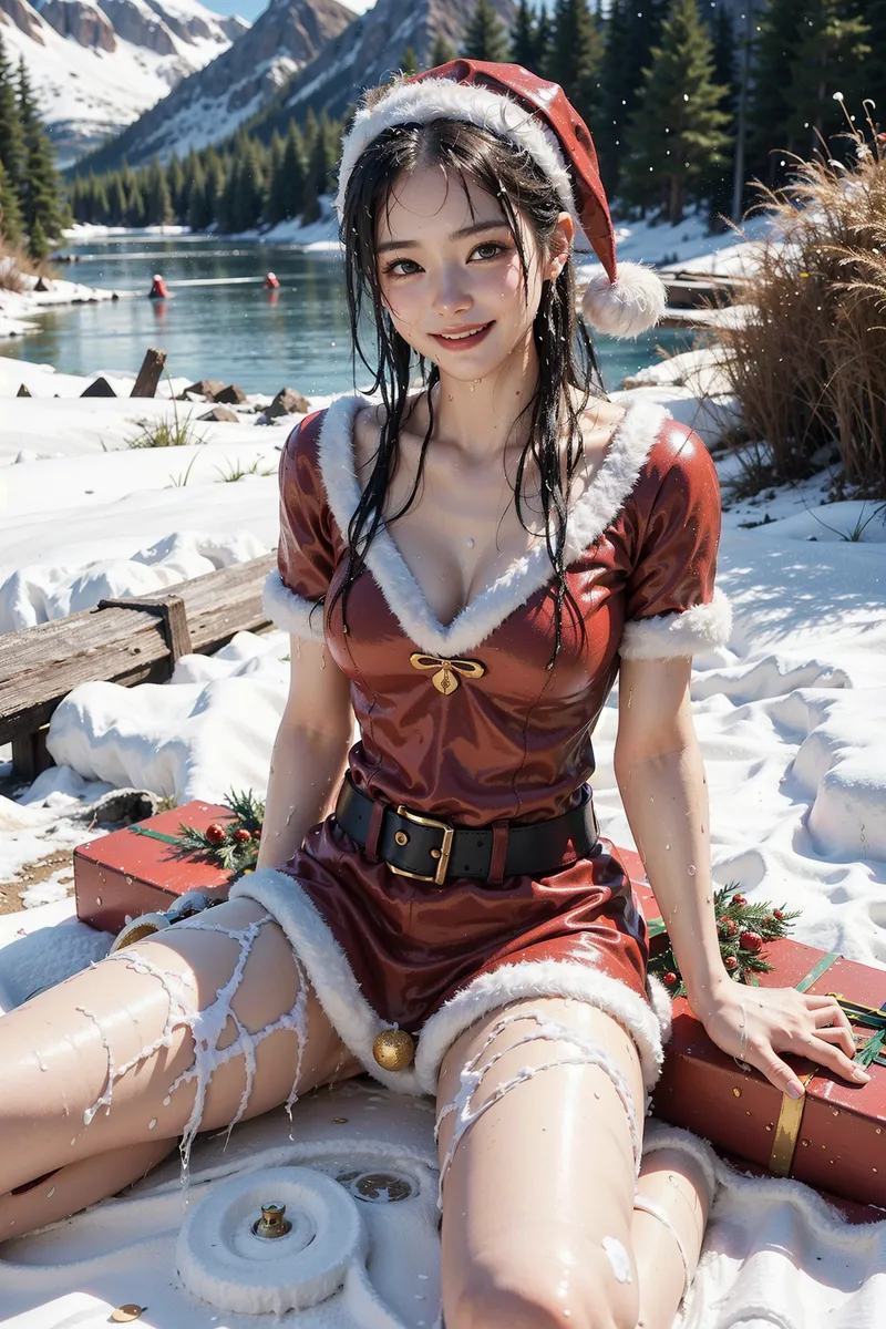 雄大な雪山と透き通った湖を背景に、赤いサンタ衣装と白いファー装飾を身につけた黒髪の美少女が、雪に包まれた湖畔で優しい笑顔を見せるポートレート。冬の自然風景とクリスマスモチーフが調和した爽やかなシーンです。