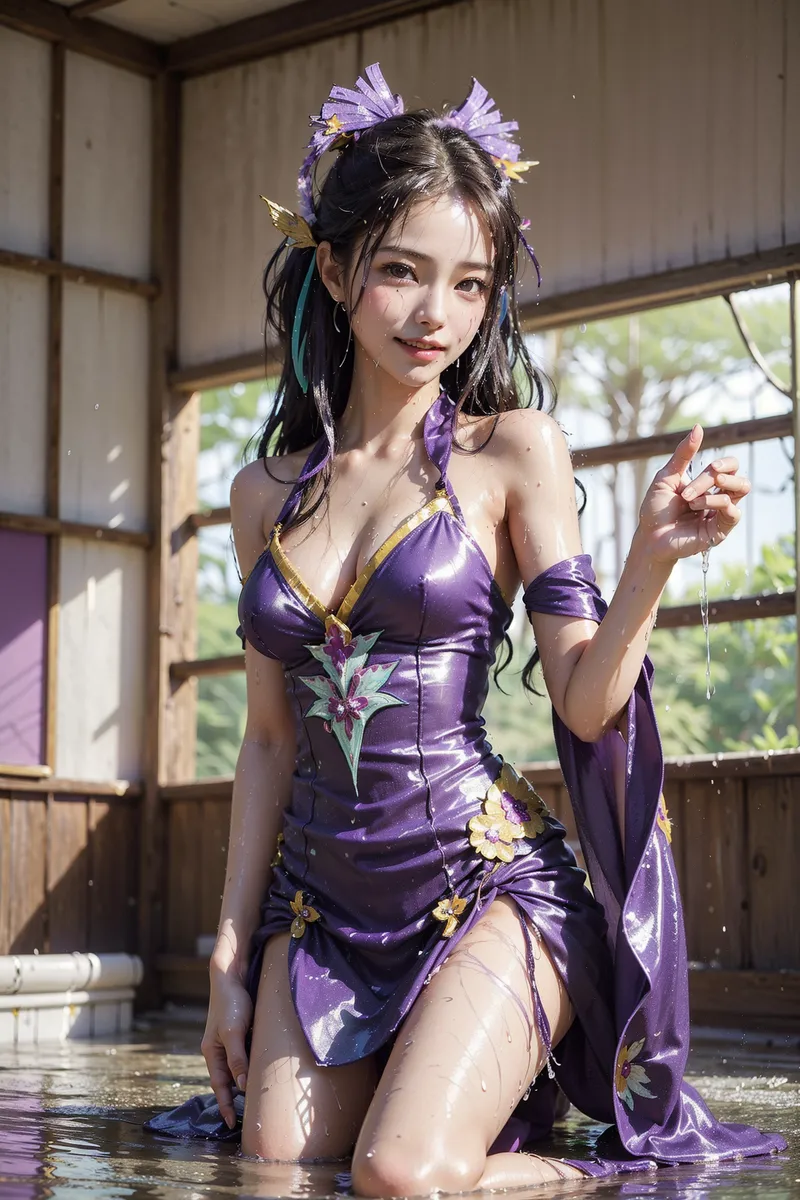 紫色の艶やかなドレスに黄色い花々をあしらい、髪には紫のリボン飾りを付けた美少女が、和風建築の水際で優雅な笑顔を見せるアニメ調イラストです。窓からの自然光が透き通った表情と衣装を柔らかく照らしています。