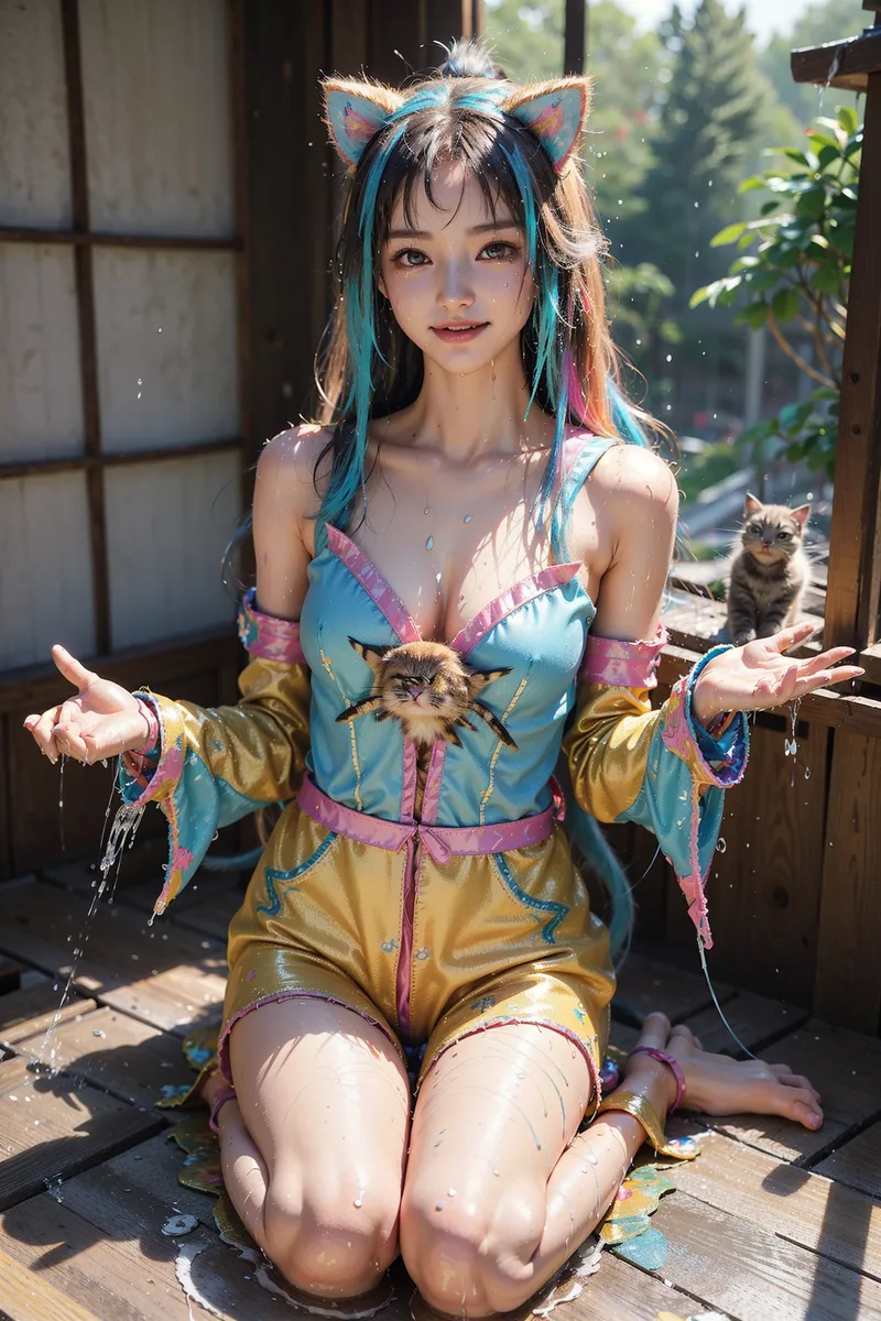 青とピンクのグラデーション髪に猫耳をつけた美少女が、和風の建物で優しく笑みを浮かべています。カラフルな衣装と水飛沫が光る瞬間を捉えた、ファンタジック調のアニメ風イラストです。