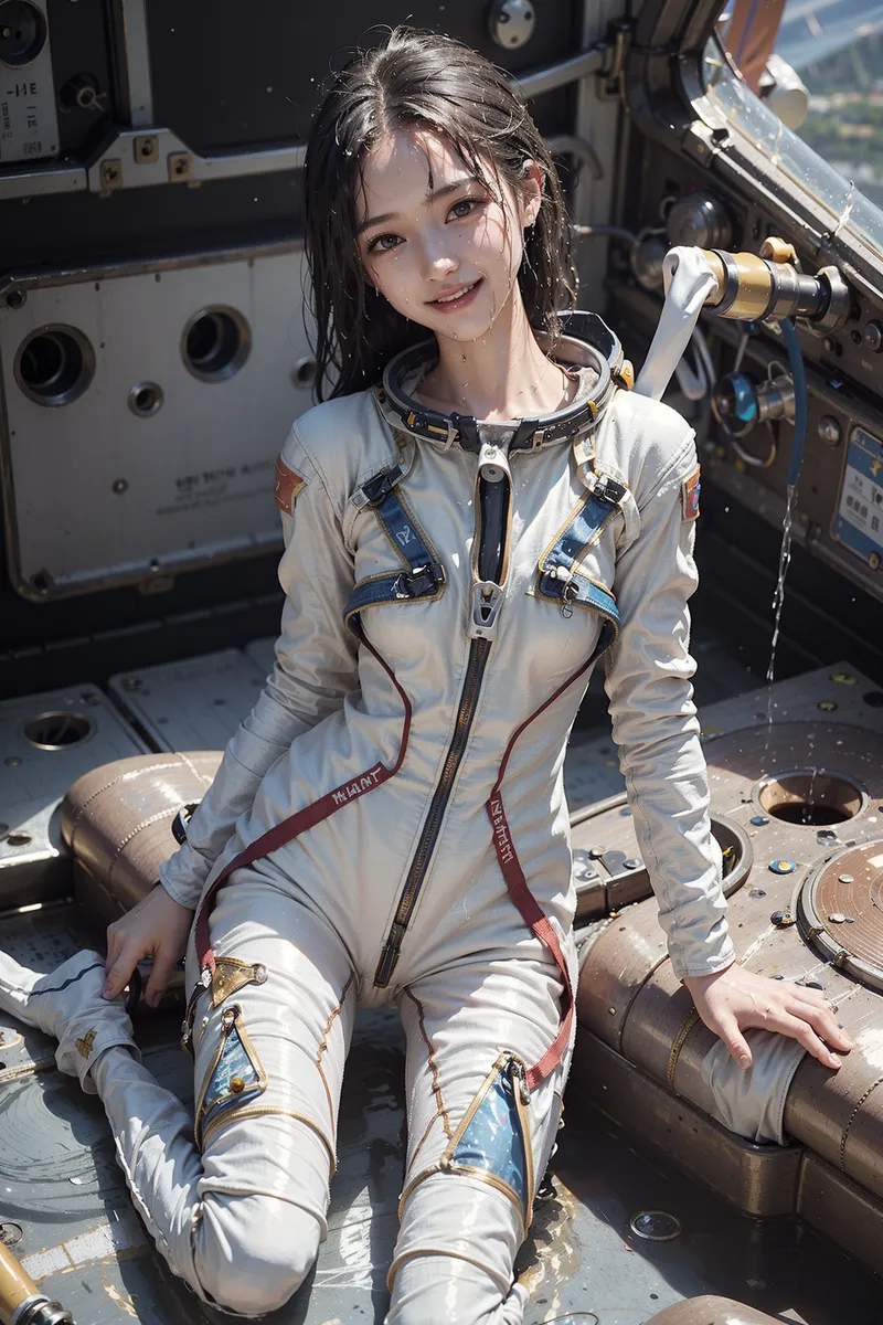 宇宙船内を背景に、白と紺のカラーリングの宇宙服に身を包んだ美少女のポートレート。黒髪がしっとりとした質感で、柔らかい微笑みが印象的です。