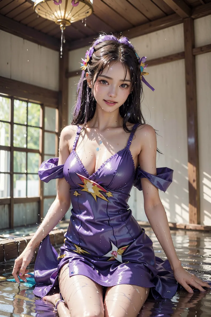 花飾りをあしらった黒髪と紫色のドレスで、古風な和室で優雅に佇む美少女のアニメ調イラストです。柔らかな光が差し込む空間で、優しく微笑む表情が印象的。