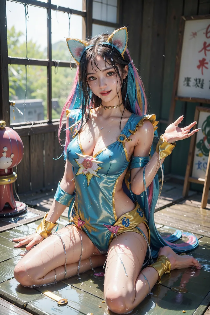 青と金色の豪華な衣装に猫耳を合わせた、アニメ調の美少女イラスト。古風な和室の窓辺で、柔らかな日光に照らされながら優雅なポーズをとる表情豊かなキャラクターです。