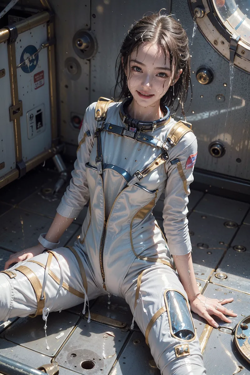 宇宙船の内部を背景に、白とゴールドの配色が映える宇宙服を着た少女が優しく微笑んでいます。束ねた髪と清潔感のある表情が印象的なアニメ調イラストです。
