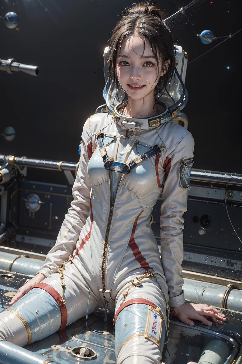白とメタリックカラーの宇宙服に身を包み、ヘルメットを被った美少女が宇宙空間のステージで満面の笑みを浮かべています。黒い背景に浮かぶ惑星と機械装置に囲まれた、近未来的でファンタジックなポートレート作品です。