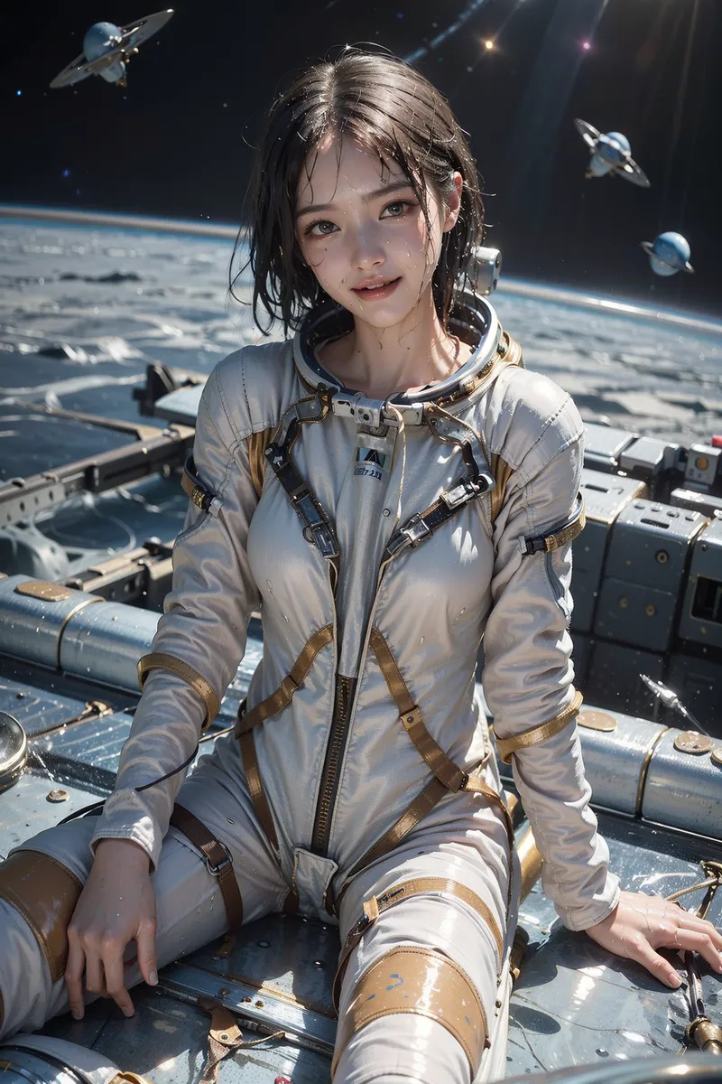 白とゴールドのスペーススーツに身を包んだ美少女が、地球を背景に宇宙ステーションの船外活動中の様子を撮影したイラストです。黒髪がふんわり揺れ、柔らかな表情で微笑む瞬間が捉えられています。