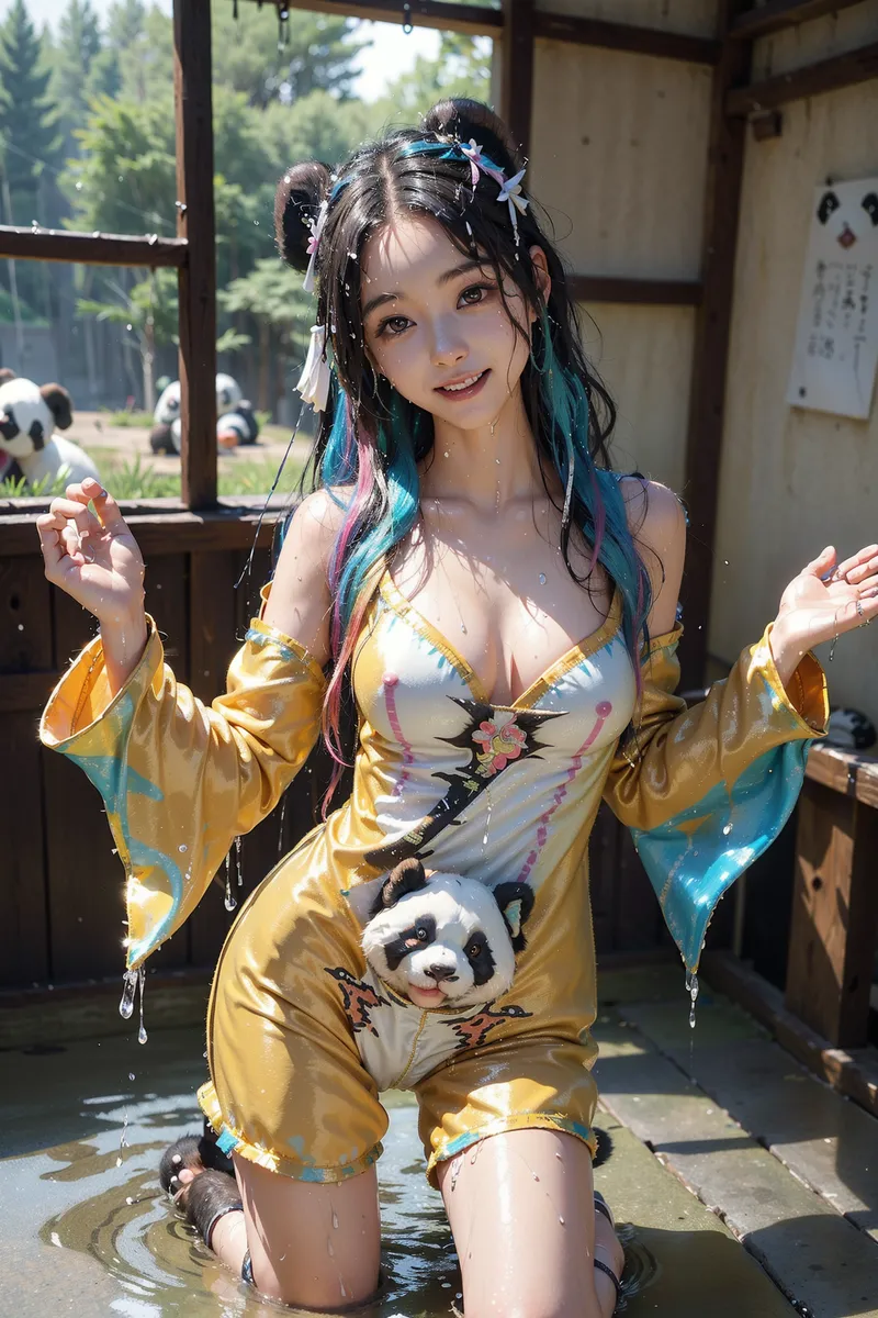 和式建築の窓辺で、虹色のグラデーション髪と黄色い着物を身にまとった少女が、爽やかな笑顔を浮かべています。光が透ける素材感と清涼感あふれる表情が印象的なアニメ調イラストです。