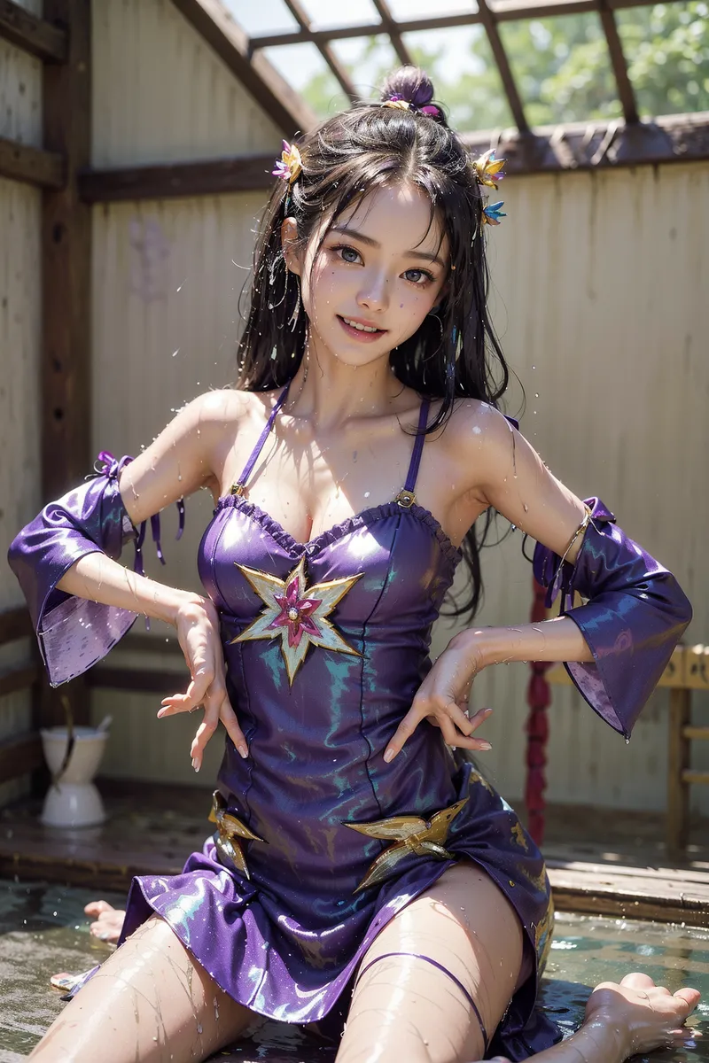 黒髪にカラフルな装飾を施した美少女が、紫色の和風衣装で水辺でのポーズを決めています。光が透ける布地と優しい笑顔が温かい雰囲気を作り出すアニメ調のイラストです。
