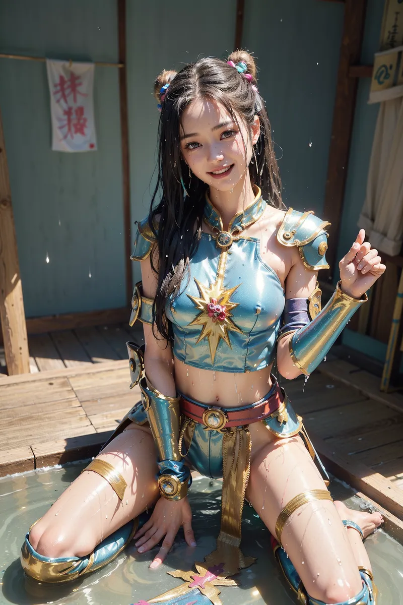 青と金色を基調とした華麗な東洋風ファンタジー衣装を身に纏った美少女が、柔らかい日差しの古風な建物の中で朗らかに微笑んでいます。カラフルなヘアアクセサリーと装飾的なアーマーが、アニメ調の優雅な雰囲気を引き出しています。