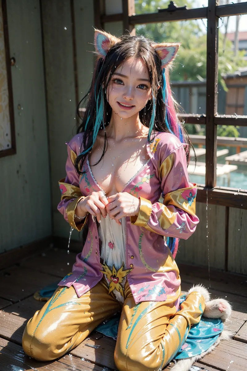 カラフルな和風衣装に身を包んだ笑顔の美少女が、陽光降り注ぐ窓辺でポーズを決めるアニメ調イラスト。青とピンクの髪、猫耳のアクセサリーが魅力的で、古風な建物との組み合わせが素敵です。