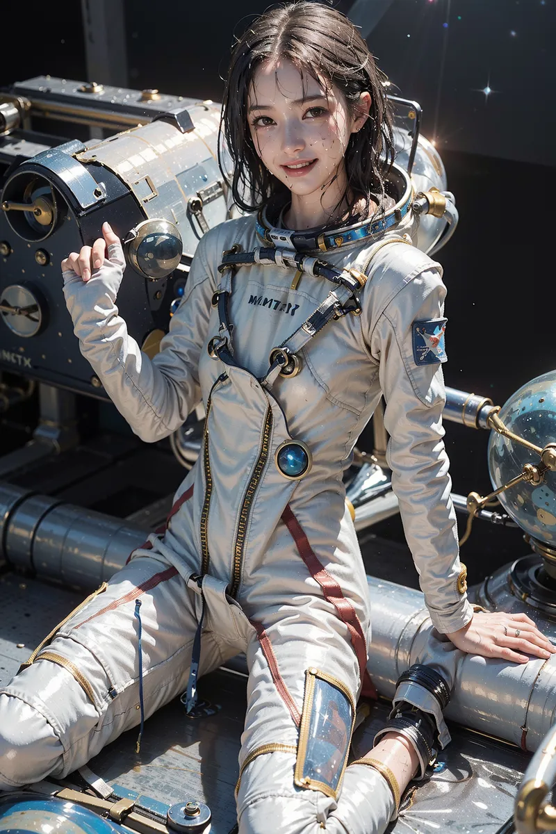 白いスペーススーツを身につけた美少女が、宇宙船内で微笑む。金色のアクセント装飾が施された宇宙服と、背景の精密機器が近未来的な雰囲気を演出しています。