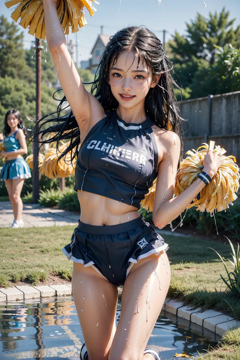 黒と金色のチアユニフォームを身に纏い、ポンポンを掲げて爽やかな笑顔を見せる少女のポートレート。水辺の緑豊かな庭園を背景に、水しぶきが舞う瞬間を捉えた夏らしい一枚です。