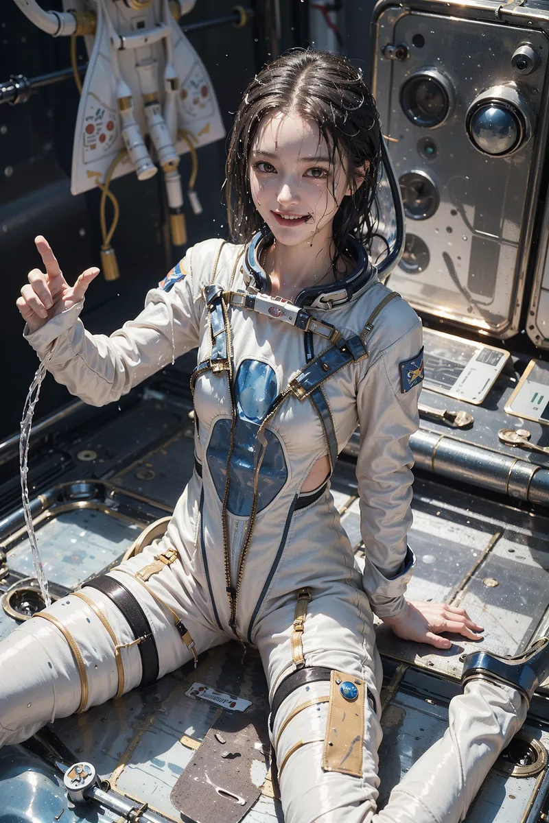 白い宇宙服に身を包んだ美少女が、宇宙船の船内で柔らかな笑顔を浮かべています。長い黒髪と明るい表情、金色のバックルが装備された本格的な宇宙服が、未来的で幻想的な雰囲気を醸し出しているアニメ調イラストです。