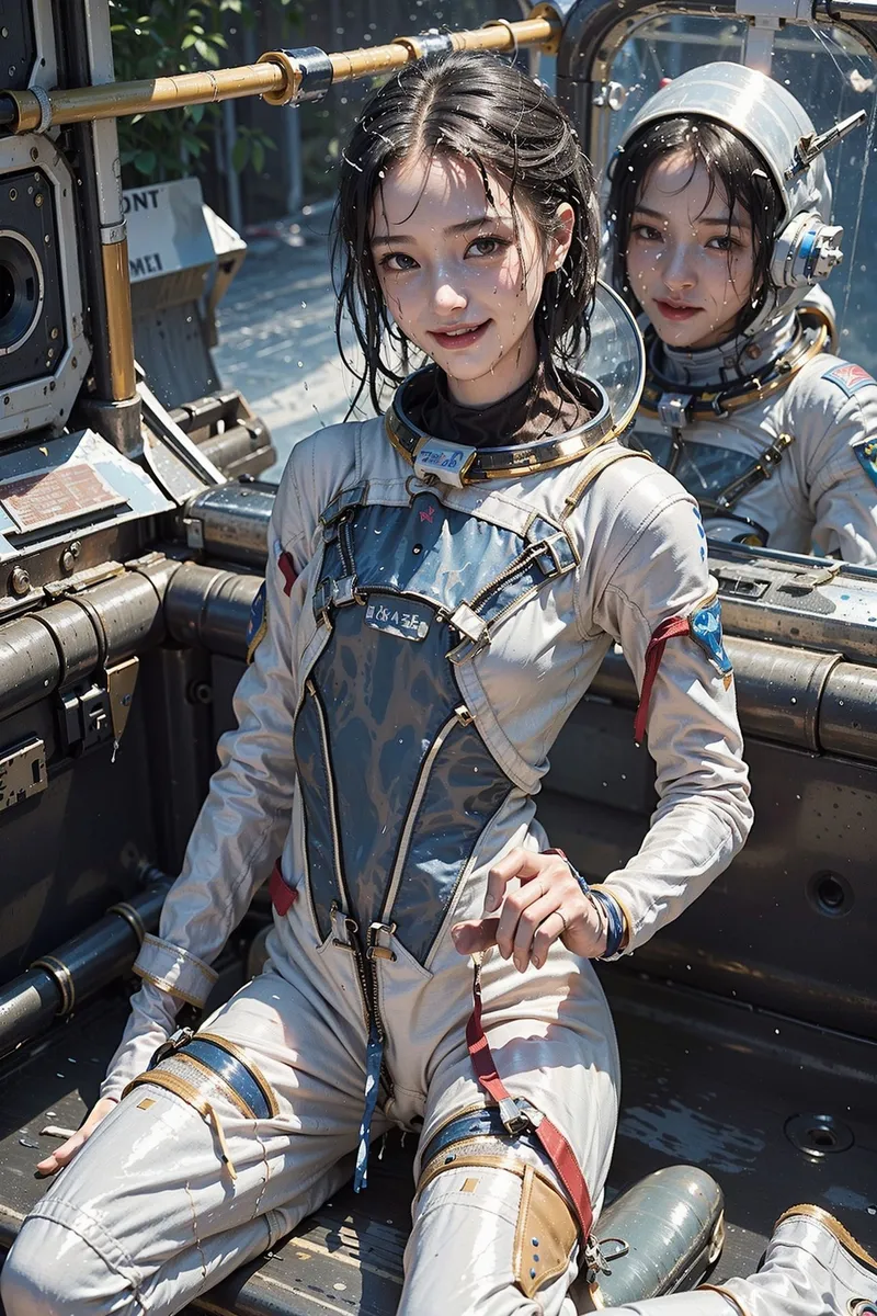 宇宙服を身にまとった少女が晴れた屋外で優しく微笑む。金色のバイザーとストラップが輝き、背景には宇宙探査機器が映り込む、冒険心あふれるシーンです。
