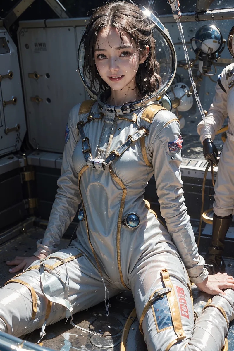 白とゴールドの配色が映える宇宙服に身を包んだ美少女のポートレート。宇宙ステーション内で柔らかな光に照らされた表情が優しく、洗練された未来的な雰囲気を醸し出しています。