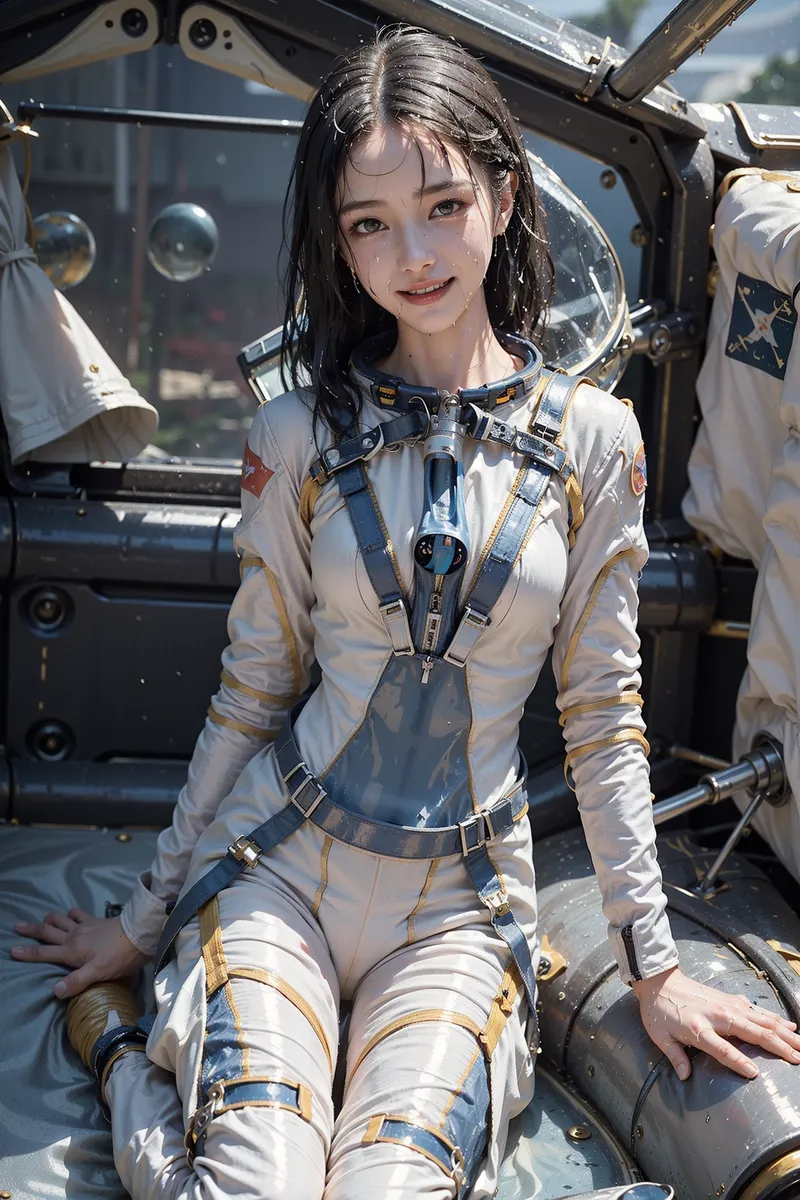 白と金色のカラーリングが施された宇宙服に身を包んだ美少女が、宇宙船の船室内で明るい笑顔を浮かべています。ハーネスと複雑な装備に囲まれた未来的な設定で、自然な採光と透明なポーズが印象的な作品です。