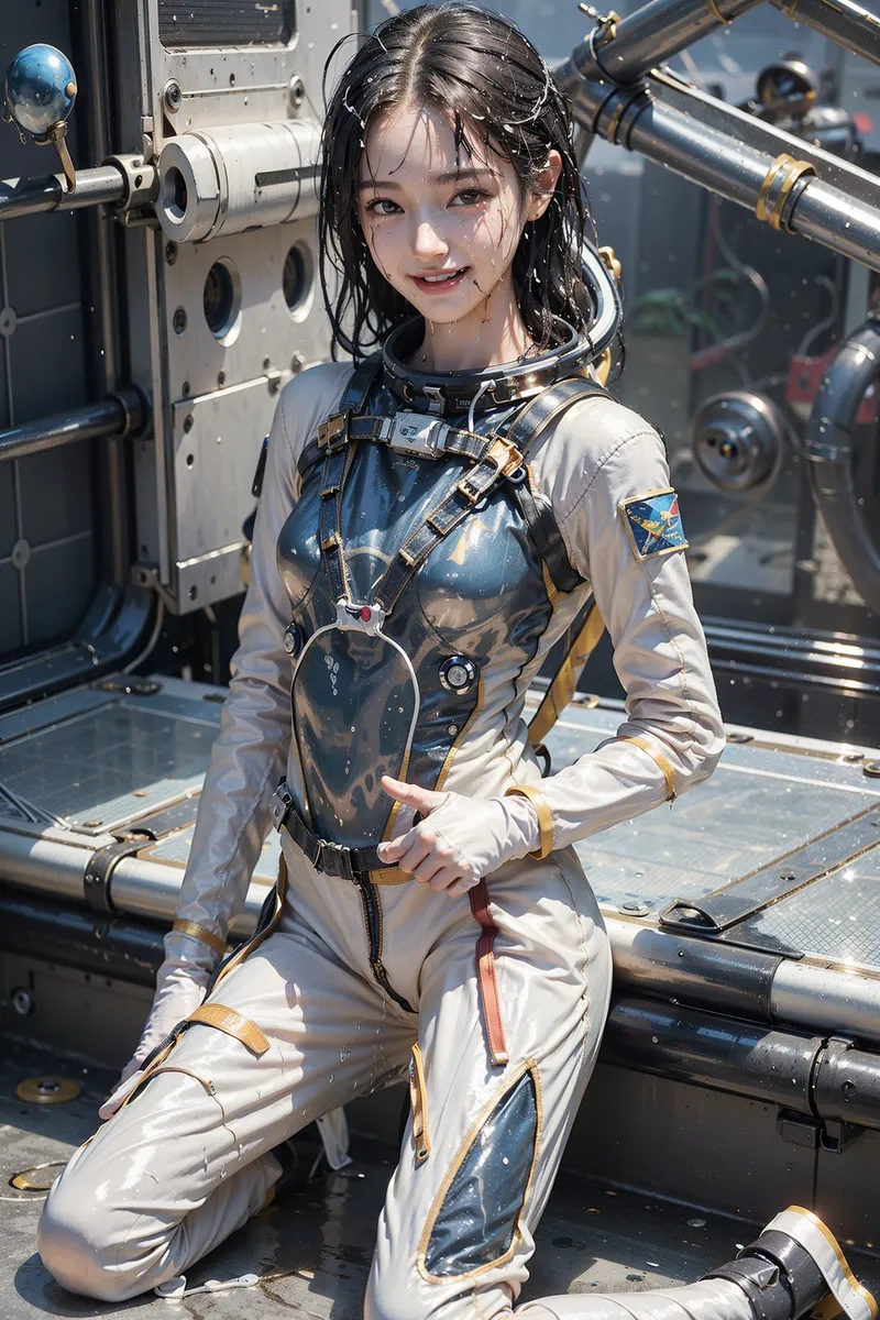 青と白の宇宙服に身を包んだ美少女が、宇宙船内の金属的な機械部品に囲まれた環境で爽やかな笑顔を見せています。濡れた黒髪と柔らかい表情が、SF世界観の中で優しい印象を与えるアニメ調イラストです。