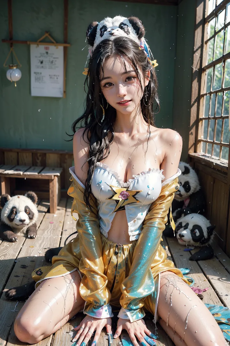黒髪に白黒のパンダを頭に乗せた美少女が、金色の衣装とアクセサリーで和風の室内に座っています。古民家の窓から光が差し込み、優しい笑顔が印象的なアニメ調イラストです。