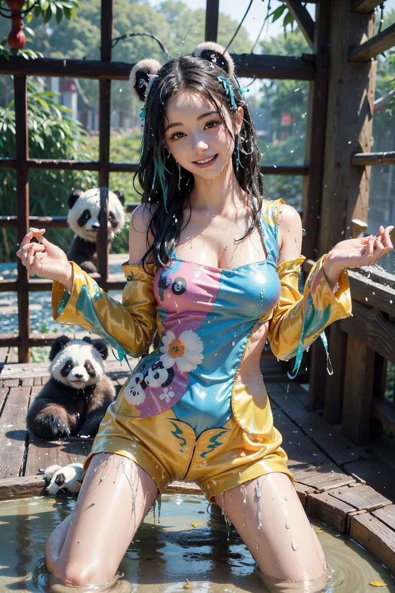 水辺で遊ぶ美少女のアニメ調ポートレート。花柄の金と青の衣装に髪飾りをあしらい、パンダたちに囲まれた屋外の楽しい一瞬を捉えています。清爽な表情と陽光が溢れる構図が春らしい明るさを演出しています。