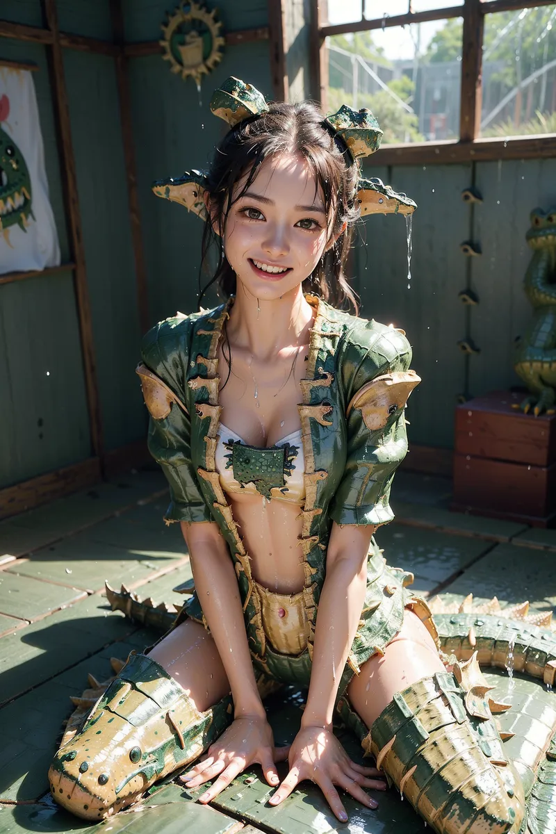 緑と金色の古風な衣装に身を包み、髪に金色のリボンを付けた美少女が、柔らかい陽光の中で優しく微笑んでいます。和風の室内背景と落ち葉が、幻想的で温かみのある雰囲気を演出しています。