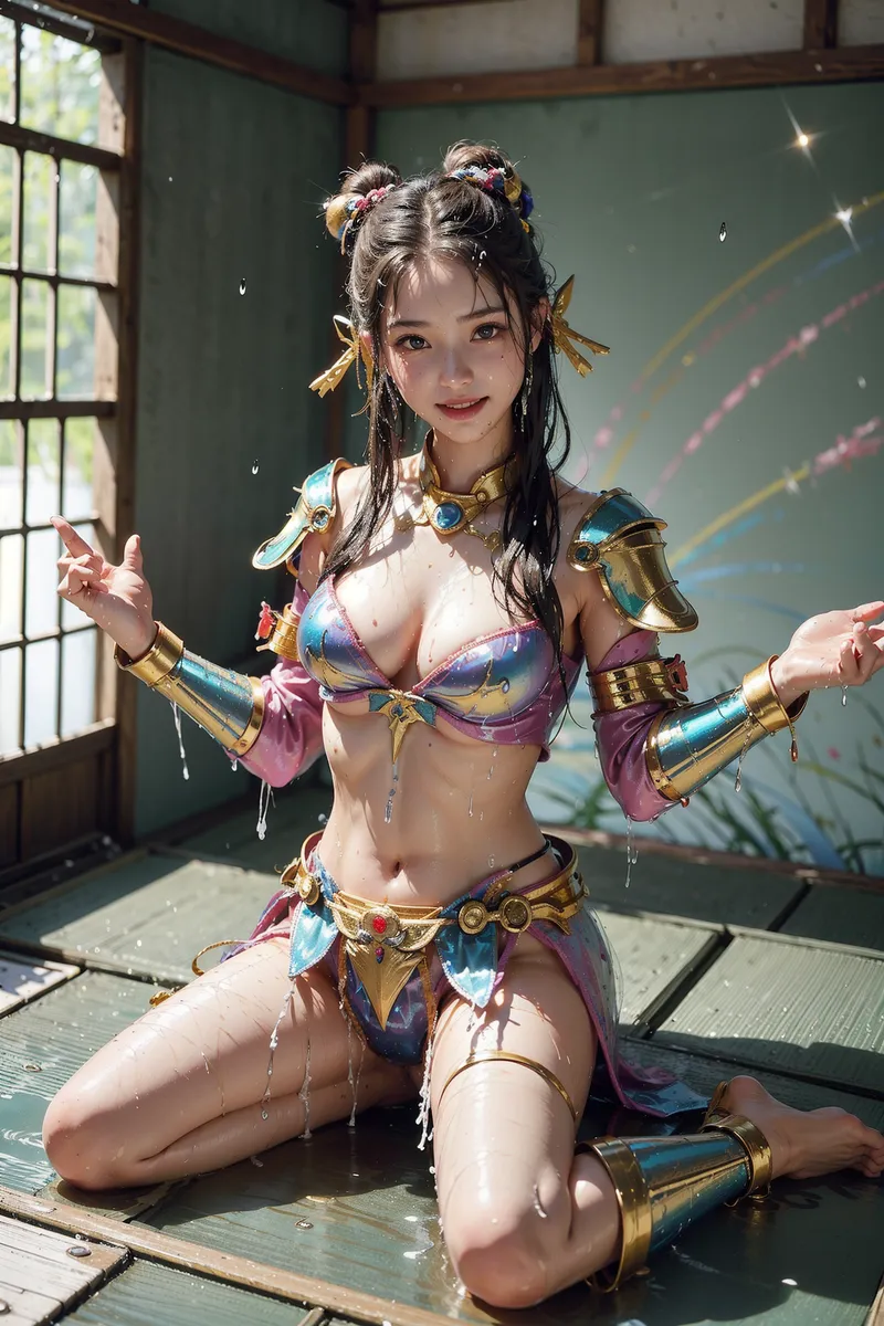 和モダンな空間で、金と紫色を基調とした豪華な衣装に身を包んだ美少女が、ダイナミックなダンスポーズを決めています。双髪に花飾りを添えた優雅な表情と、光と水が舞う幻想的な背景が印象的なアニメ調イラスト。