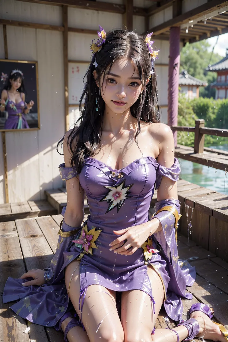 紫色のオフショルダー衣装に花の髪飾りを纏った美少女が、東洋風の木造建築で柔らかな笑顔を見せるポートレートです。光溢れる優雅な背景が清潔感と温かみを演出しています。