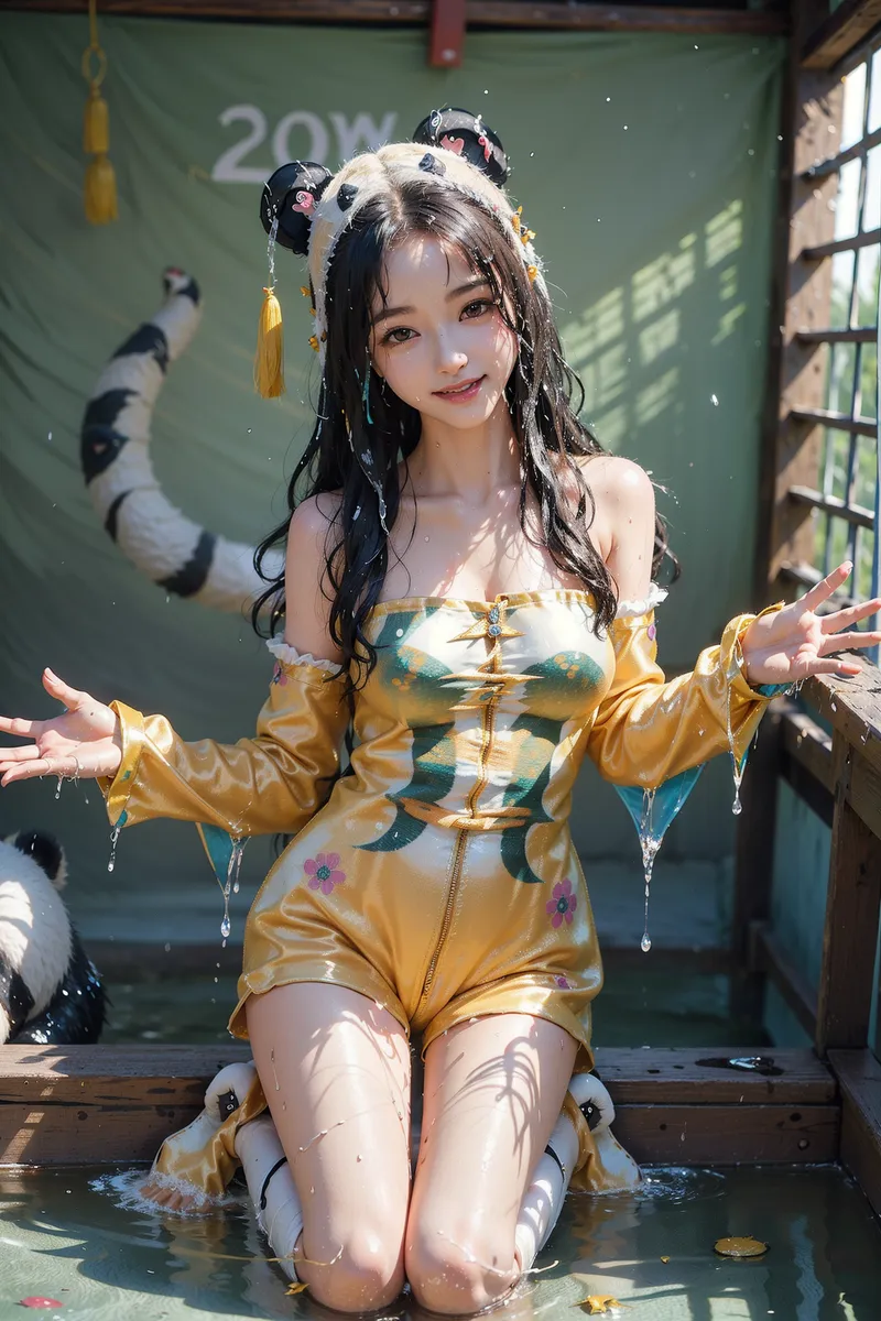 黒髪に白と金色の髪飾りを付けた美少女が、黄金色の衣装で優雅に微笑む。古風な建築背景と水しぶきが、アニメ調の明るく素朴な雰囲気を引き立てています。