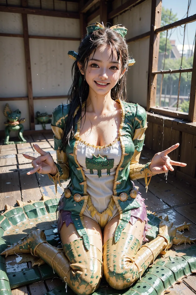 緑と金色の古典的な衣装に身を包み、落ち着いた和風の建物内で柔らかな笑顔を浮かべる美少女のアニメ調イラスト。窓から差し込む自然光が優雅な雰囲気を引き立てています。
