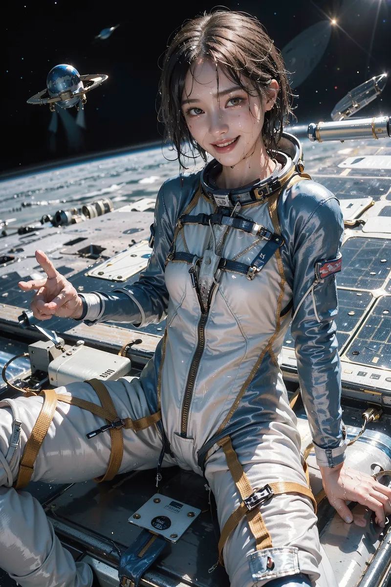 黒髪を優しくまとめた美少女が、宇宙服を身にまとい地球を背景に宇宙ステーション上で笑顔を浮かべています。金色のベルトやバックルが装備に施された本格的な宇宙服で、惑星や船舶が浮かぶ壮大な宇宙環境が映り込んだ高品質なSF イラスト作品です。