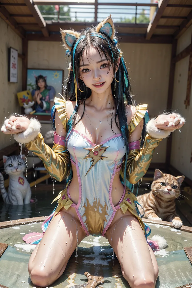 青と金色の猫耳カチューシャに黒髪をまとめた少女が、水面に映る光と猫たちに囲まれながら優しく微笑んでいます。和風建築を背景にした、幻想的で可愛らしいアニメ調イラストです。