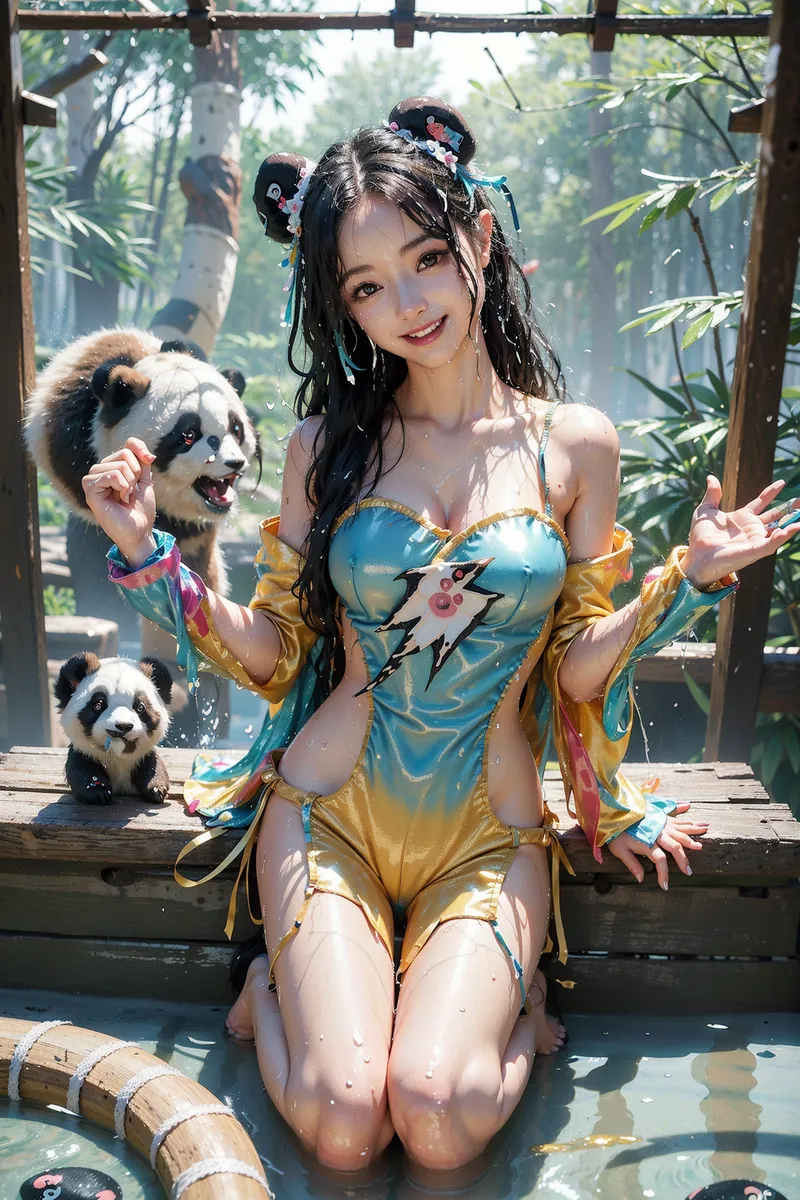 竹林が見える木製の館で、黄金色の衣装に身を包み、カラフルなヘアアクセサリーで飾った美少女がパンダと戯れる温かなシーン。柔らかな逆光と自然な笑顔が印象的なアニメ調イラストです。